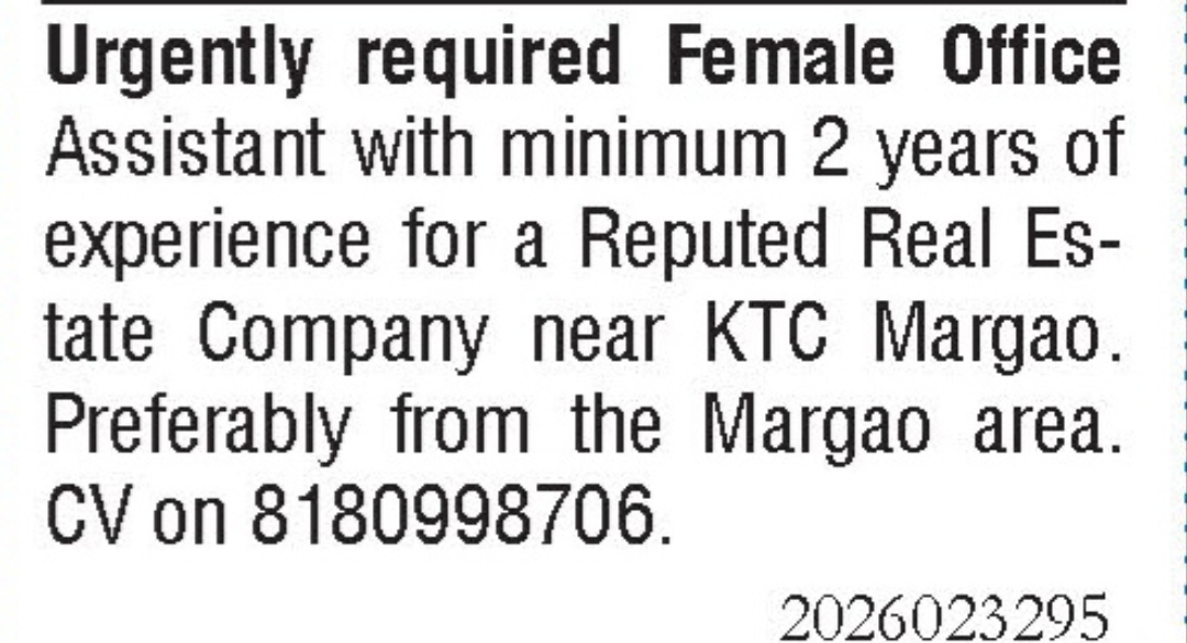 Job Opening - Female Office Assistant
