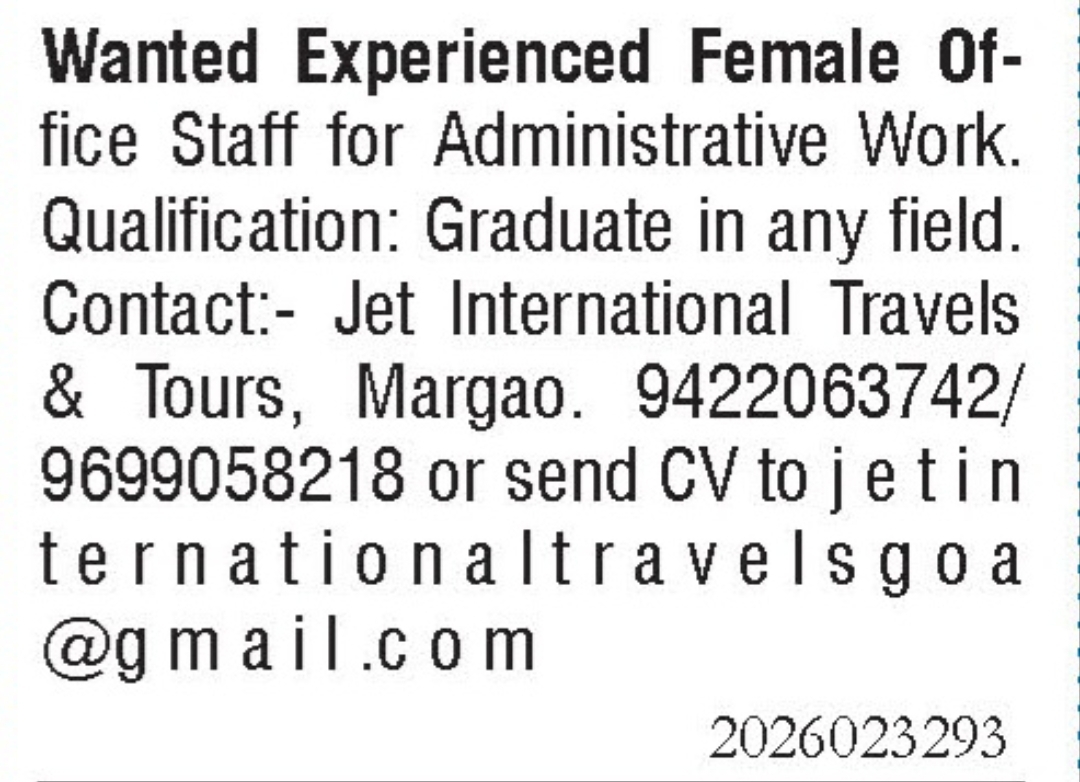 Job Opening - Female Office Staff