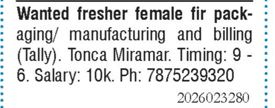 Job Opening - Female Packaging & Billing Staff