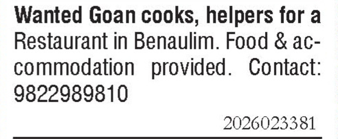 Job Opening - Goan Cooks & Helpers