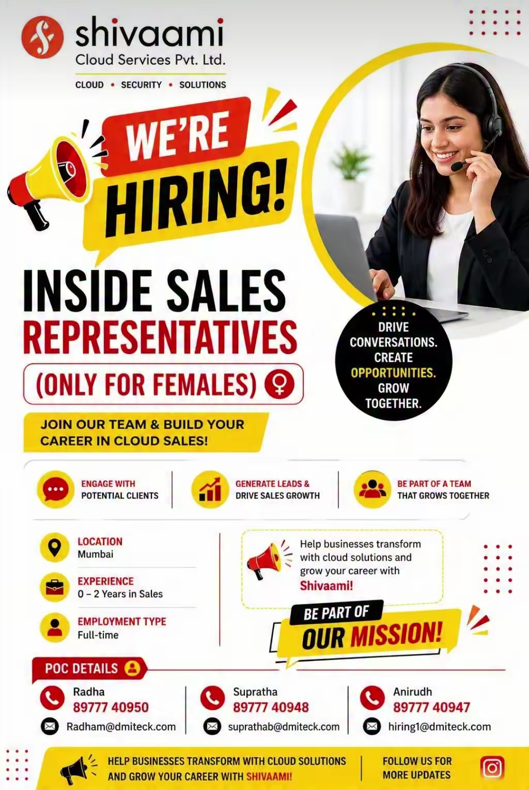 Job Opening – Inside Sales Representatives (Female Only)