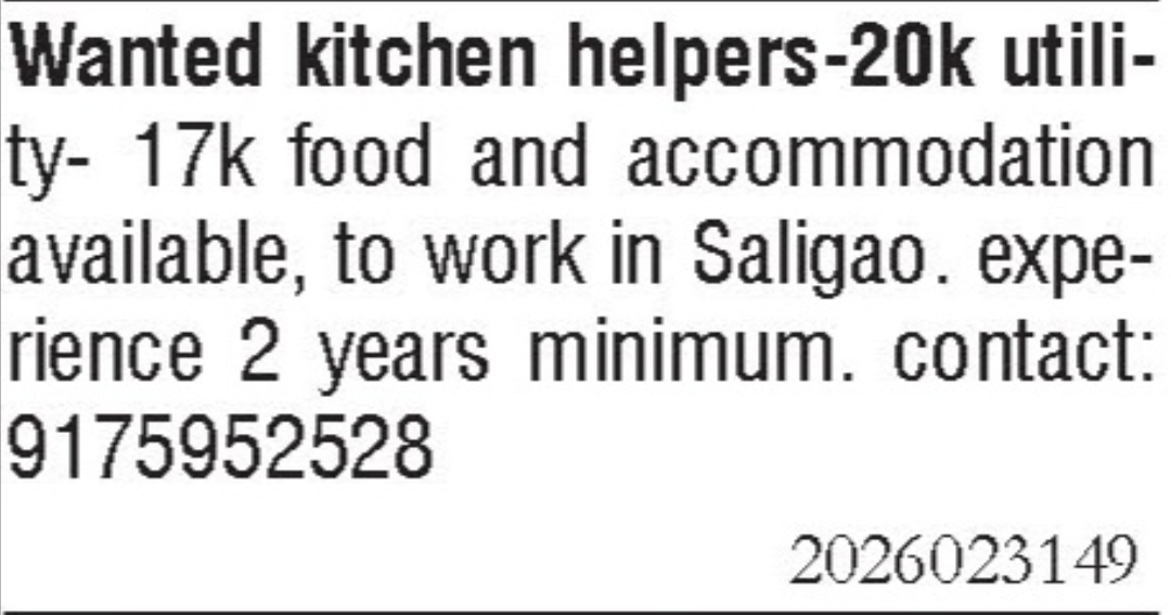 Job Opening - Kitchen Helpers