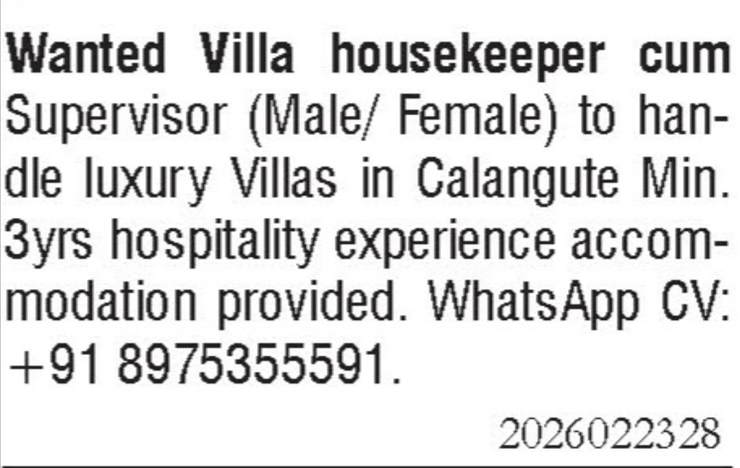 Job Opening - Villa Housekeeper cum Supervisor
