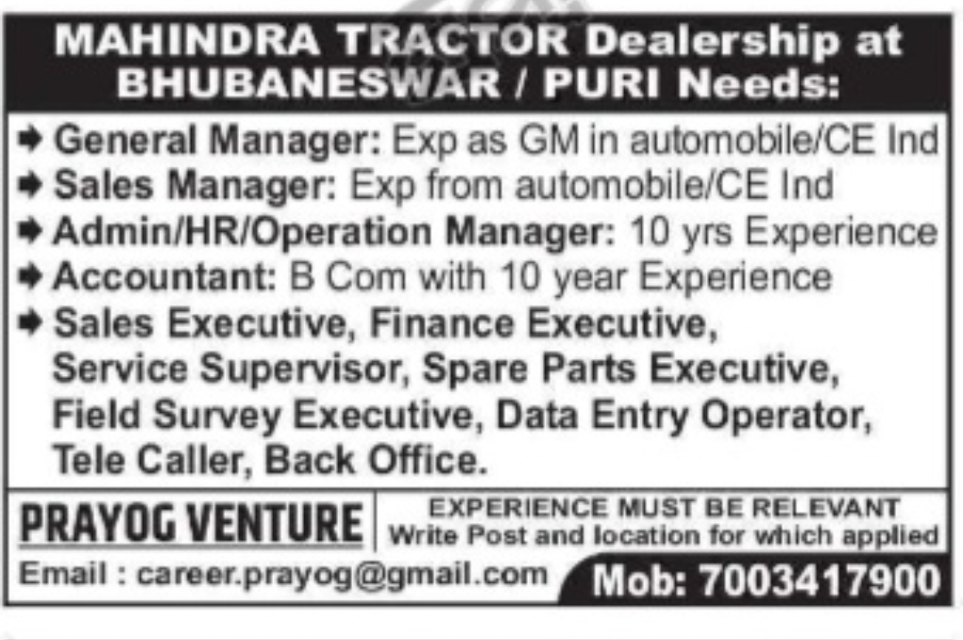 Job Openings – Mahindra Tractor Dealership, Bhubaneswar / Puri