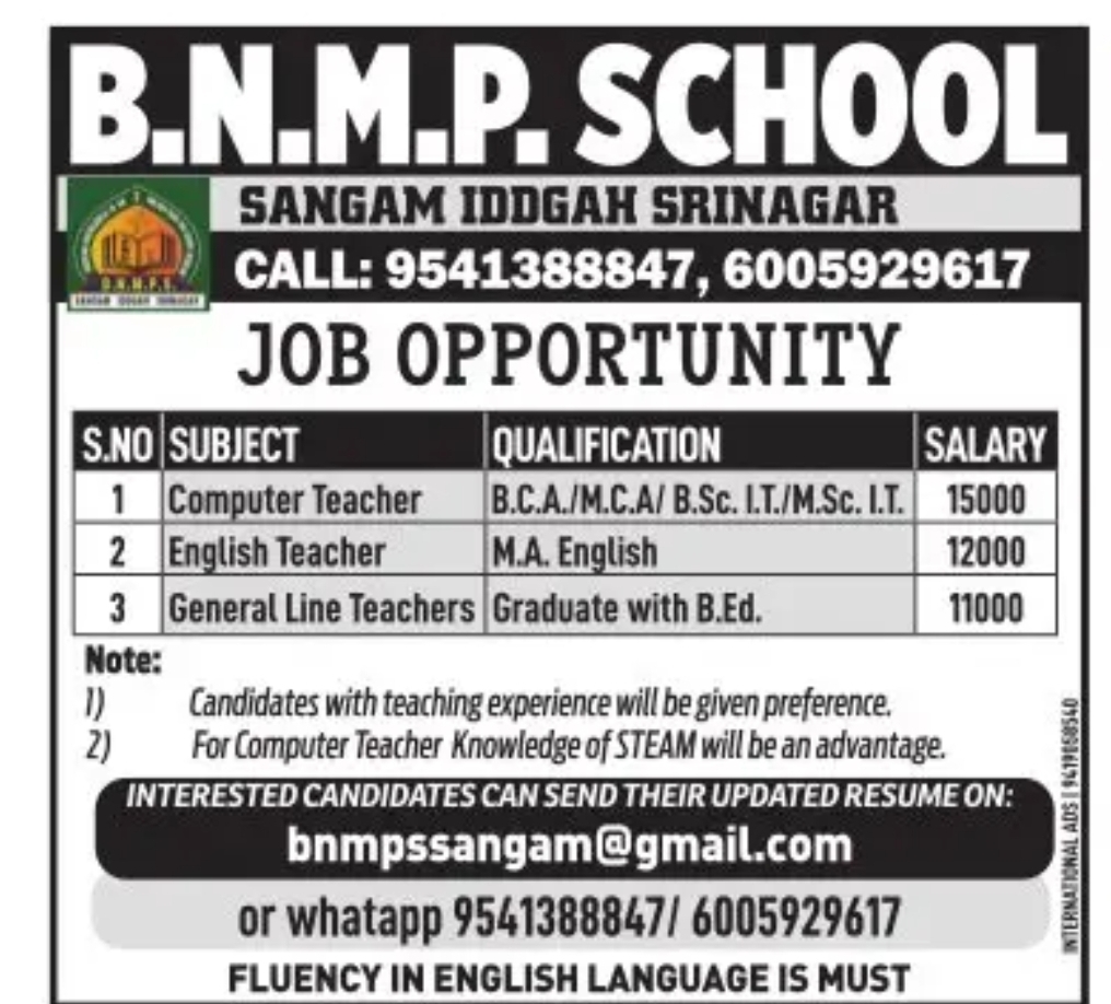 Job Opportunities at B.N.M.P. School, Sangam Idgah, Srinagar