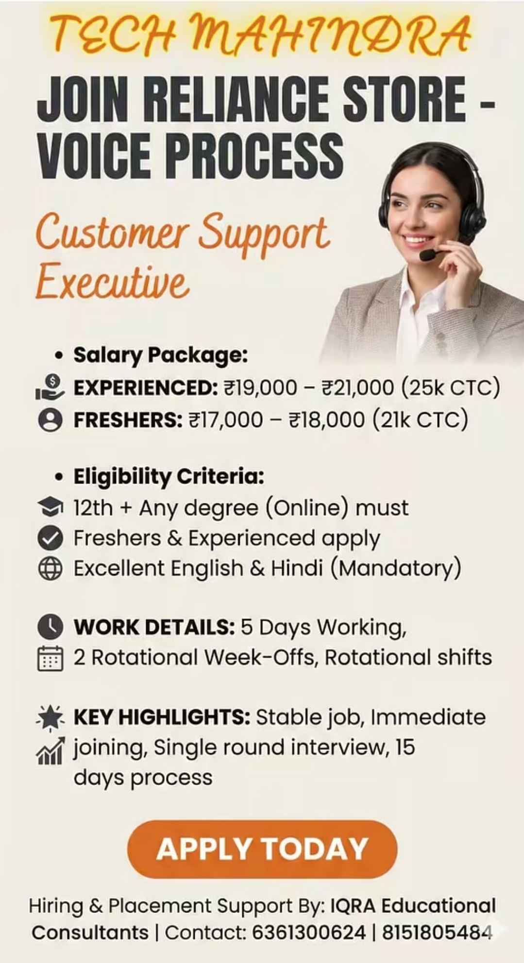Job Opportunity - Customer Support Executive  Company : Tech Mahindra