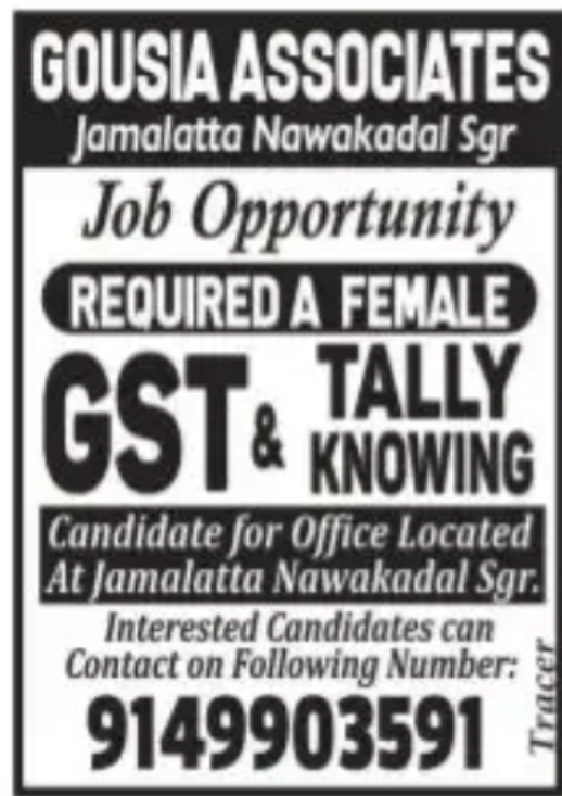 Job Opportunity – Gousia Associates (Srinagar)