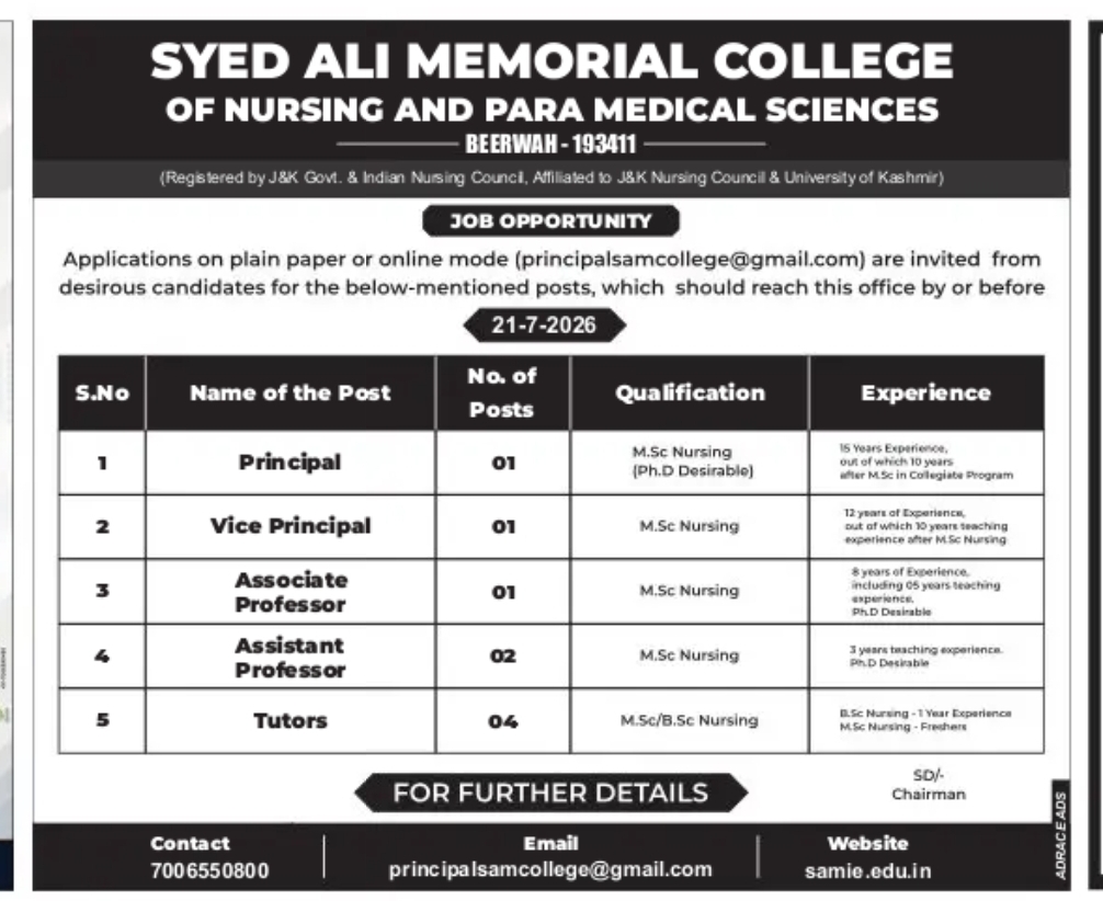 Job Opportunity – Syed Ali Memorial College of Nursing & Para Medical Sciences, Beerwah