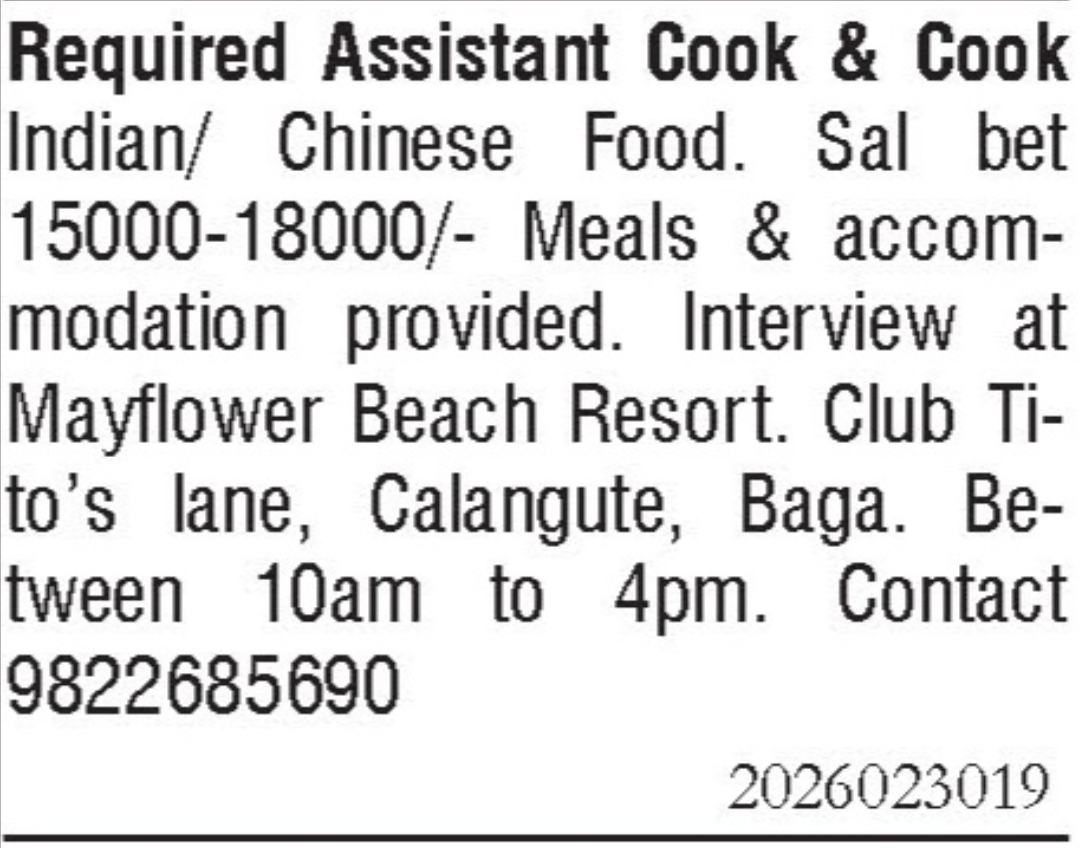 Job Vacancy - Assistant Cook & Cook
