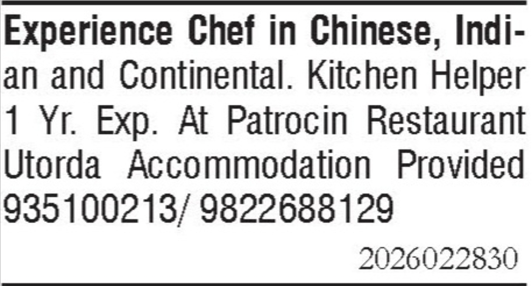 Job Vacancy - Chef & Kitchen Helper