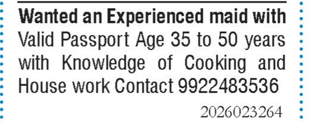 Job Vacancy - Experienced Maid