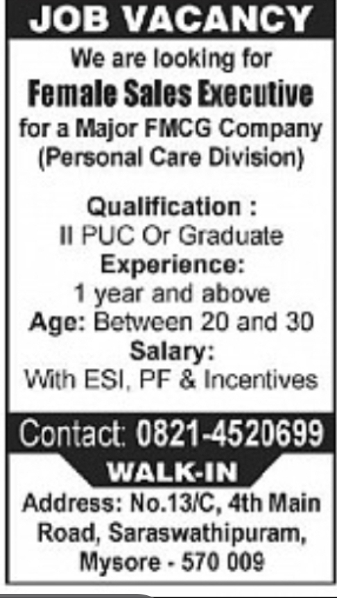 Job Vacancy – Female Sales Executive (FMCG Company)