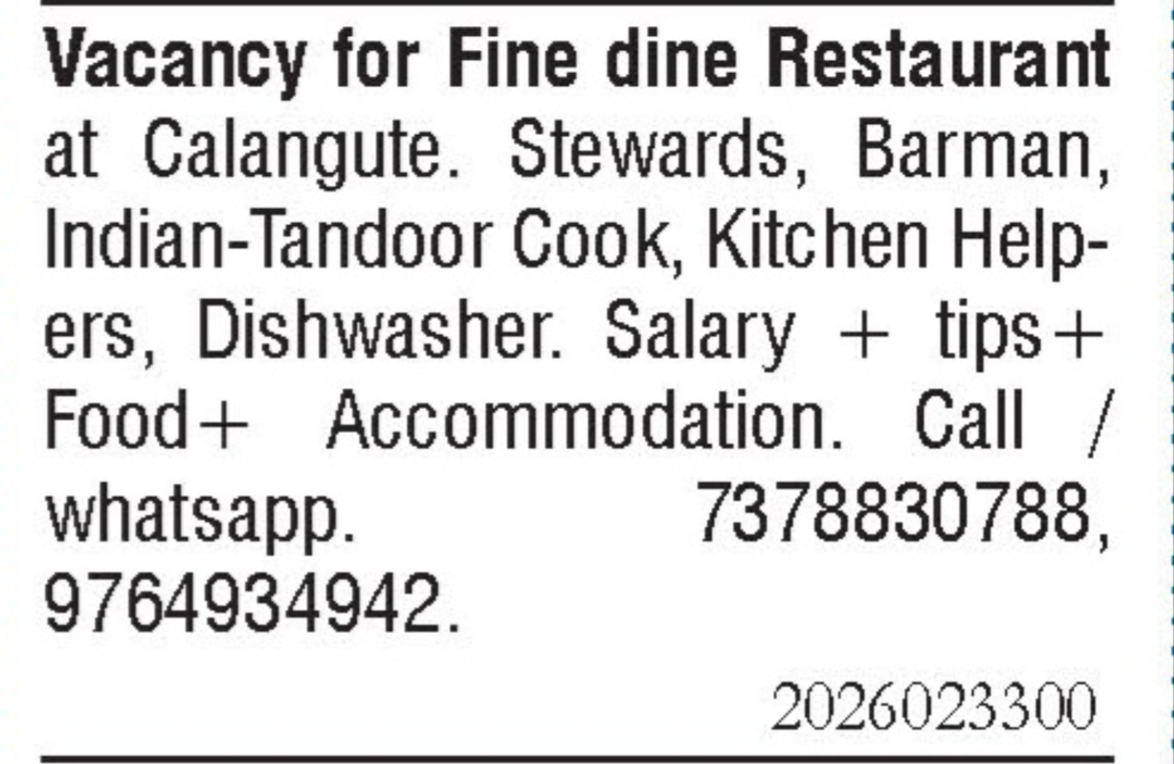 Job Vacancy - Fine Dining Restaurant Staff