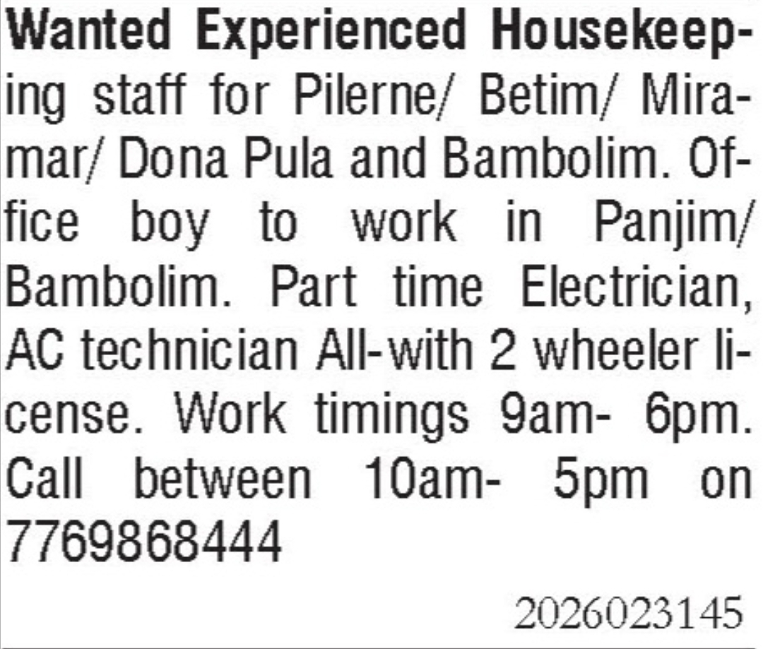 Job Vacancy - Housekeeping, Office Boy & Technicians