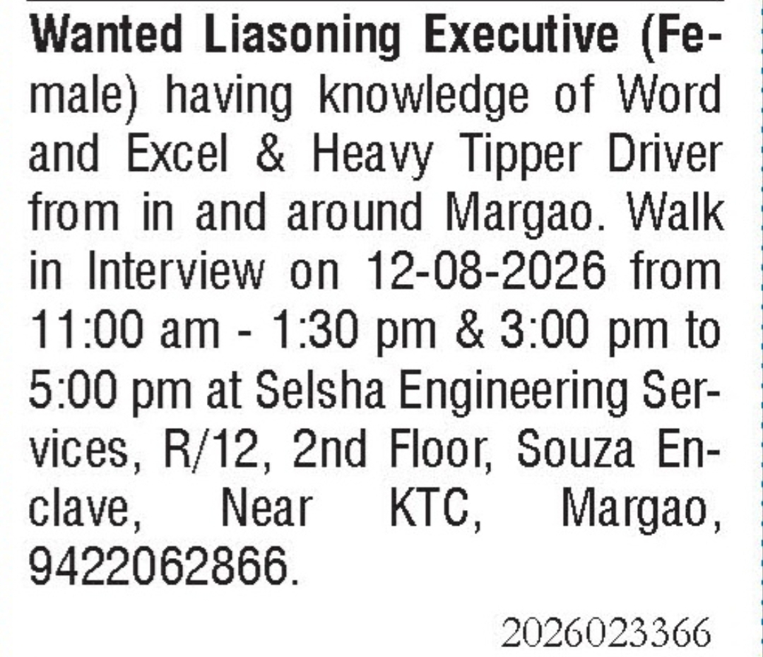 Job Vacancy - Liaisoning Executive & Heavy Tipper Driver