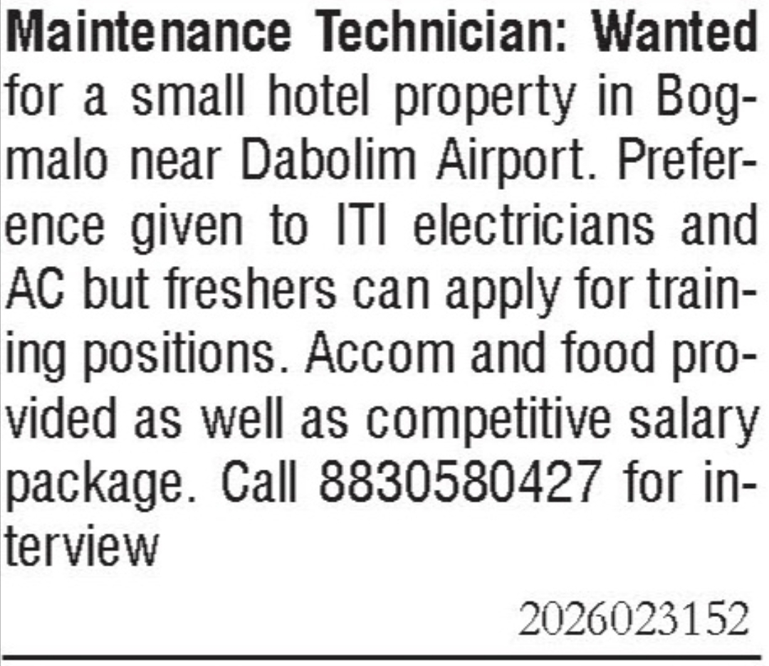 Job Vacancy - Maintenance Technician