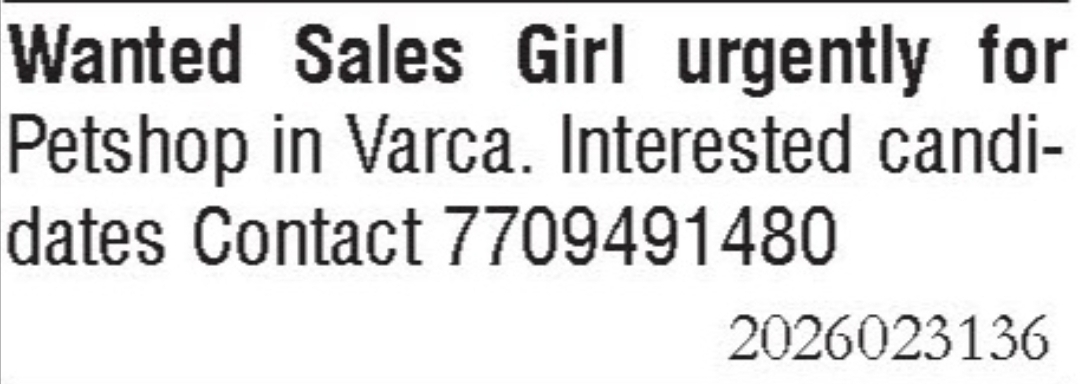 Job Vacancy - Sales Girl
