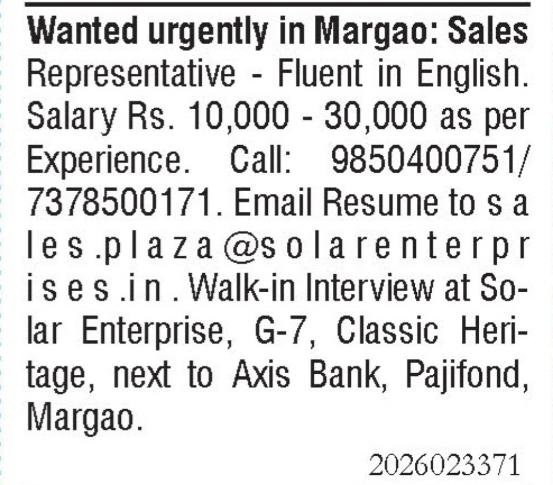 Job Vacancy - Sales Representative