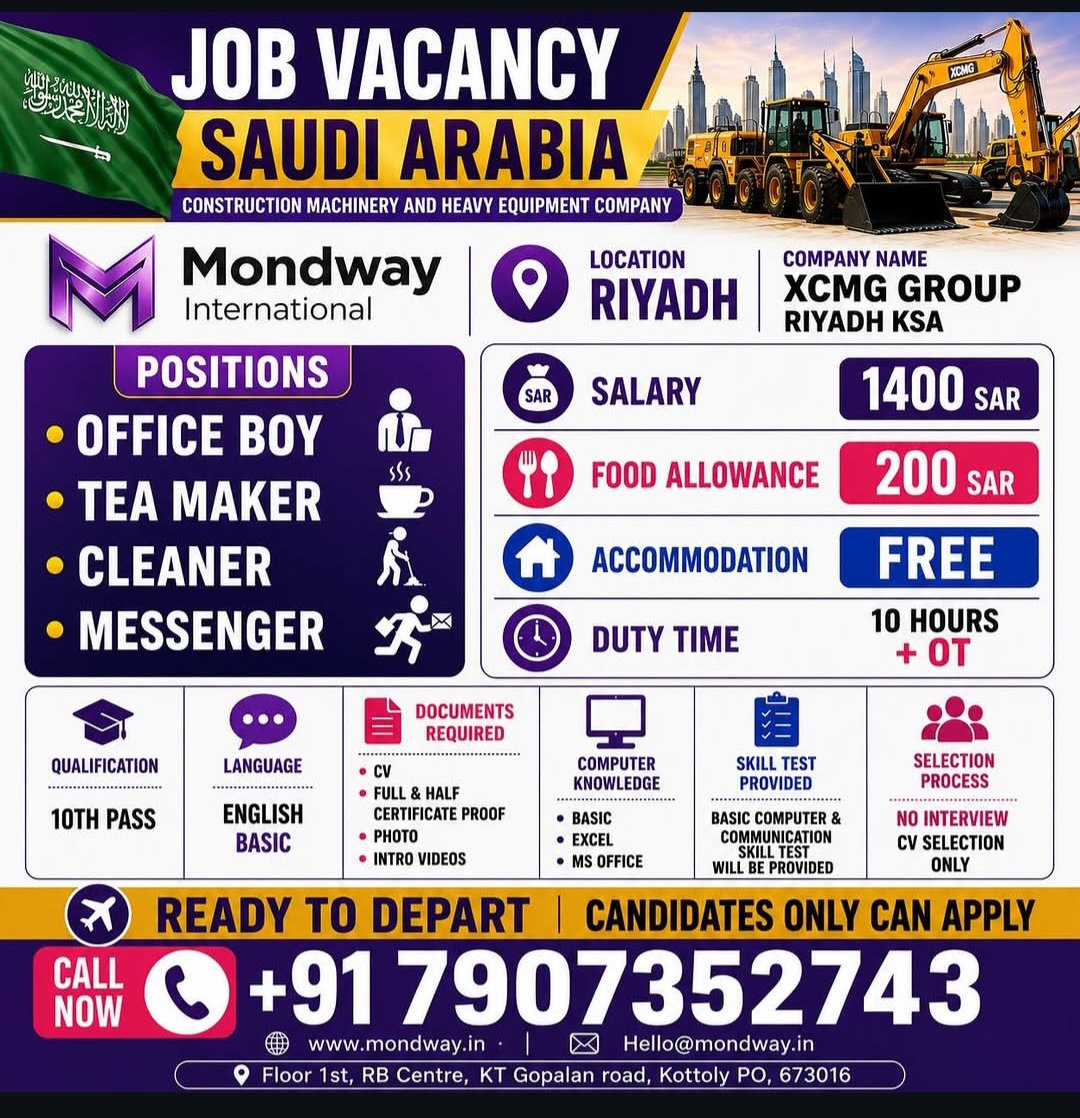 JOB VACANCY – SAUDI ARABIA (RIYADH) Company: XCMG Group – Construction Machinery & Heavy Equipment Company