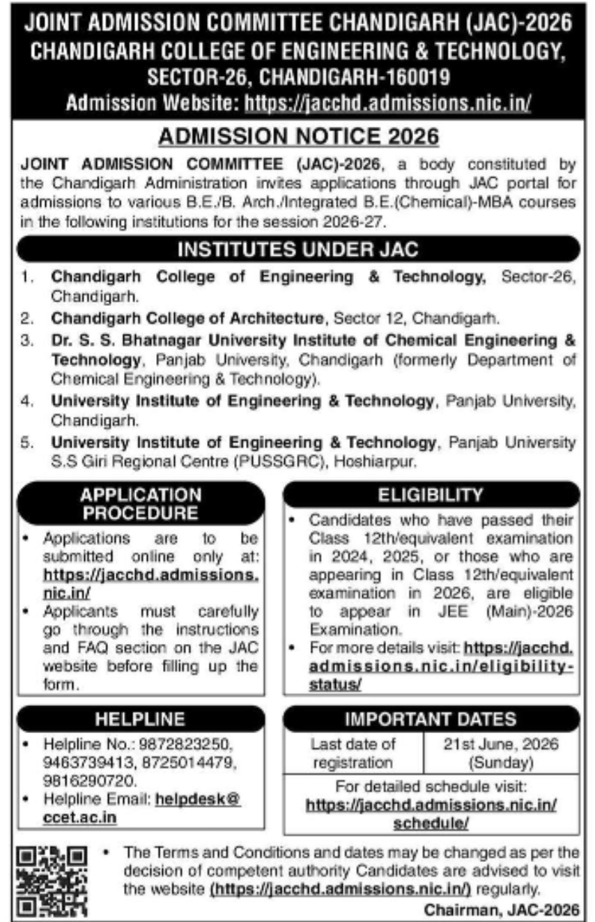 JOINT ADMISSION COMMITTEE (JAC) Chandigarh – Admission Notice 2026