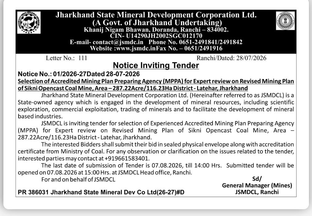 JSMDCL Tender Notice – Selection of Accredited Mining Plan Preparing Agency (MPPA) for Sikni Opencast Coal Mine, Latehar, Jharkhand