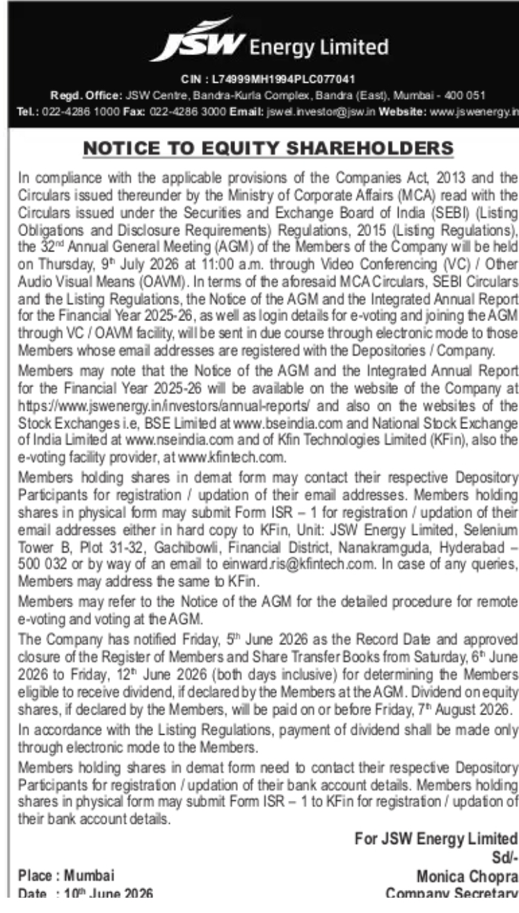 JSW Energy Limited – AGM Notice