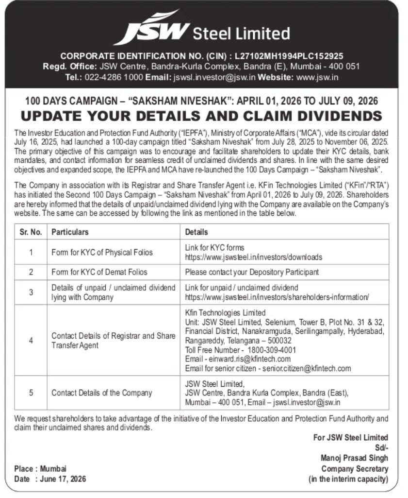 JSW Steel Limited – Investor Awareness Update
