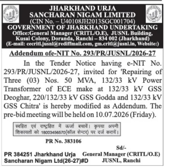JUSNL Addendum Notice – Repair of 50 MVA Power Transformers