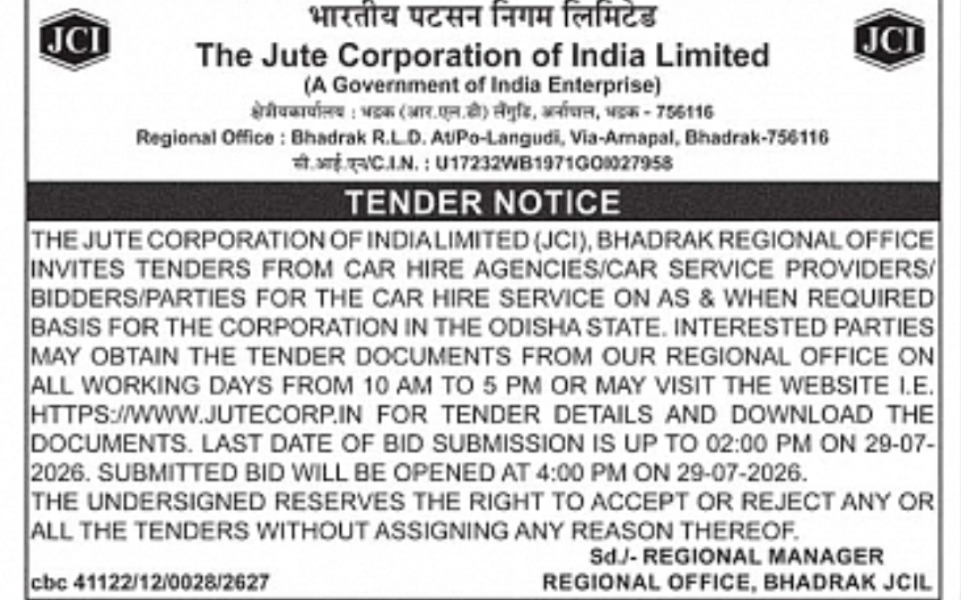 Jute Corporation of India Invites Tender for Car Hire Services