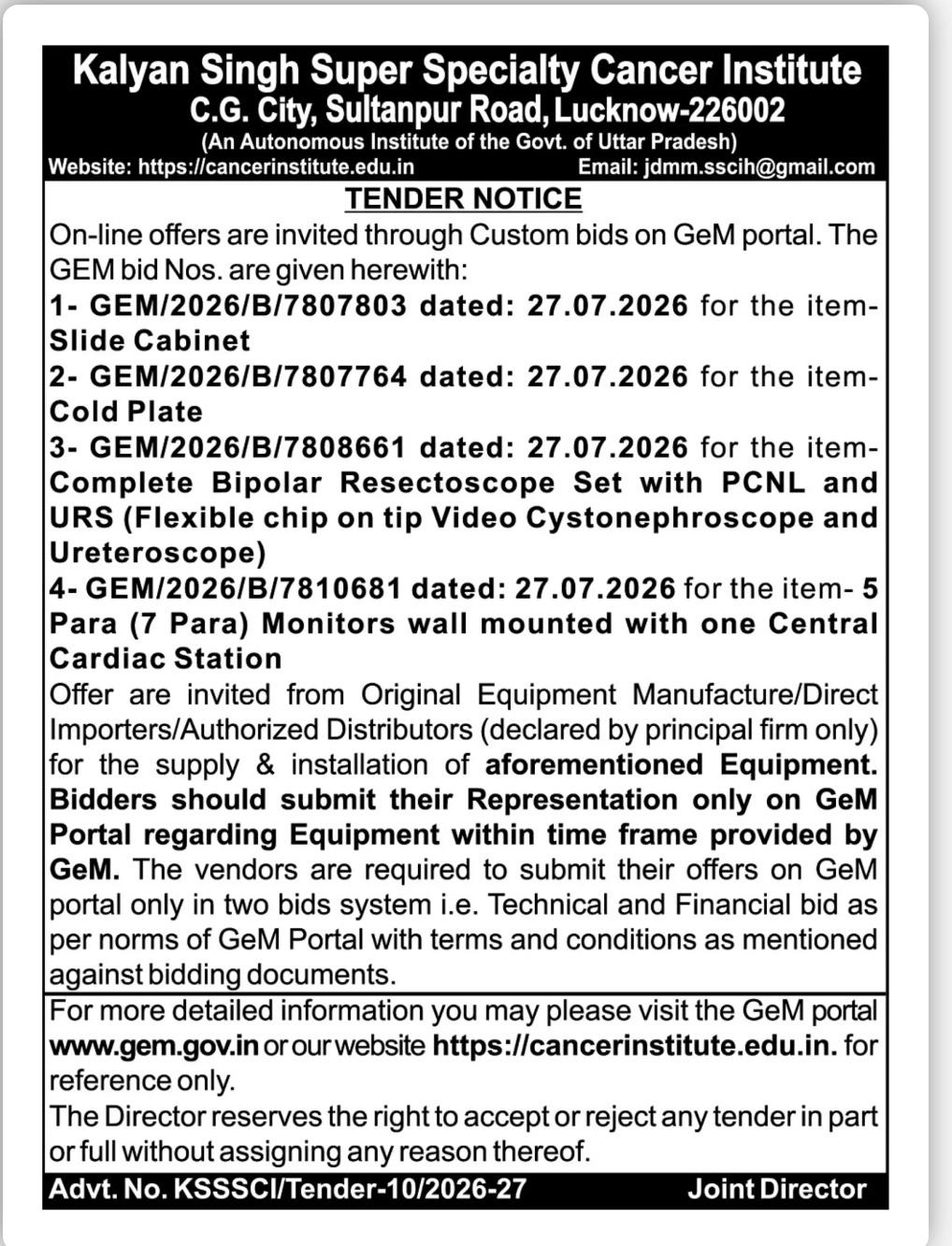 Kalyan Singh Super Specialty Cancer Institute Tender Notice 2026-27