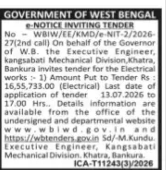 Kangsabati Mechanical Division, Bankura – Electrical Work Tender