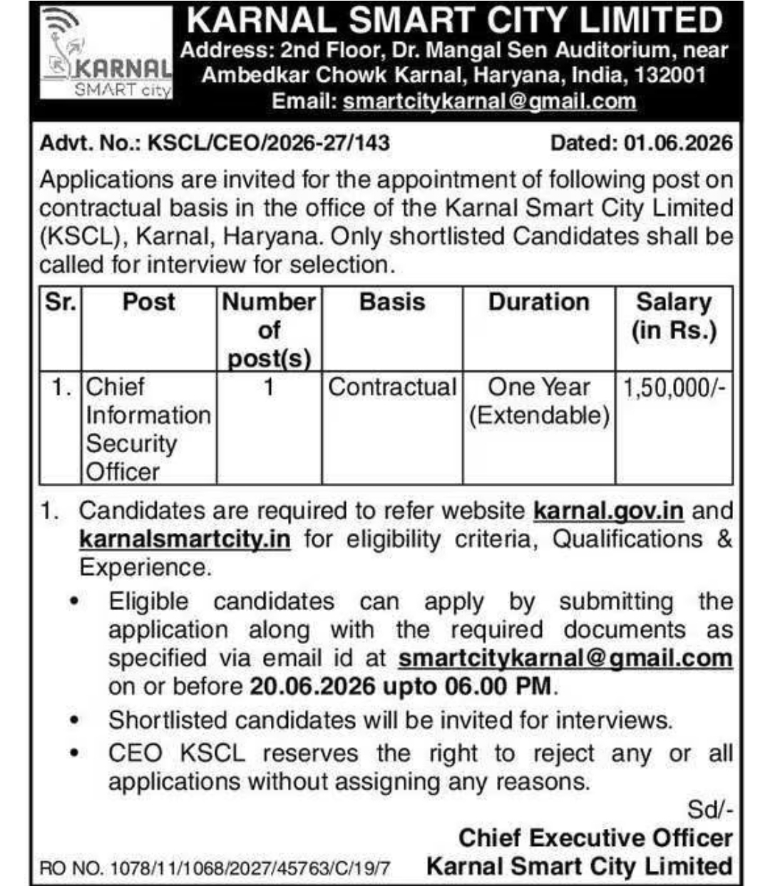 Karnal Smart City Limited (KSCL), Karnal – Recruitment Notice 2026
