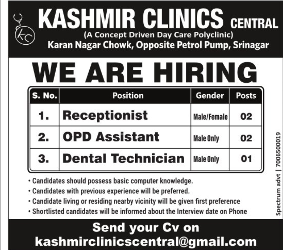 Kashmir Clinics Central Hiring – Multiple Positions in Srinagar