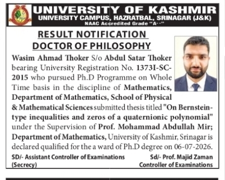 Kashmir University Ph.D Result Notification