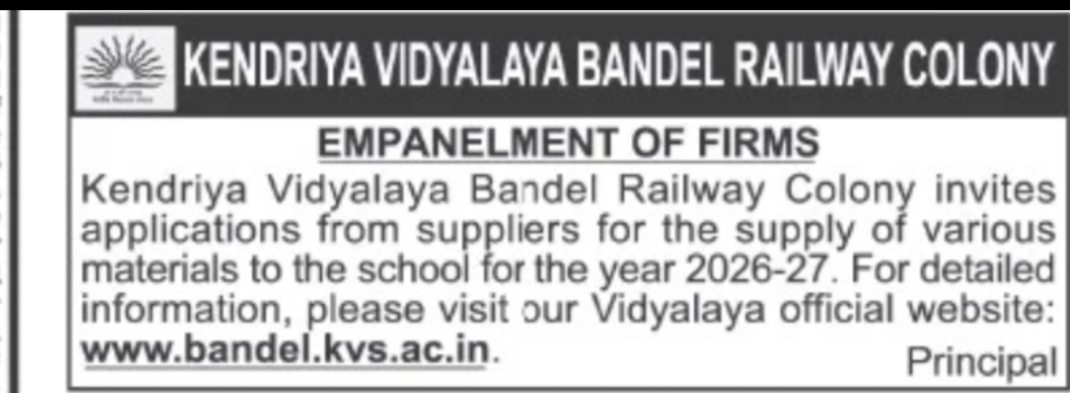 Kendriya Vidyalaya Bandel Railway Colony Invites Supplier Empanelment Applications for 2026-27