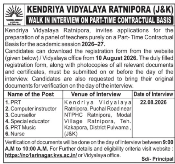 Kendriya Vidyalaya Ratnipora Recruitment — Part-Time Contractual Teachers