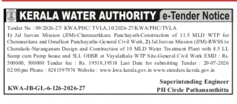 KERALA WATER AUTHORITY INVITES E-TENDERS FOR JAL JEEVAN MISSION WATER TREATMENT PLANT WORKS