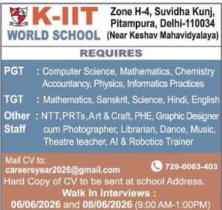 KIIT World School, Pitampura – Teaching & Staff Vacancies 2026