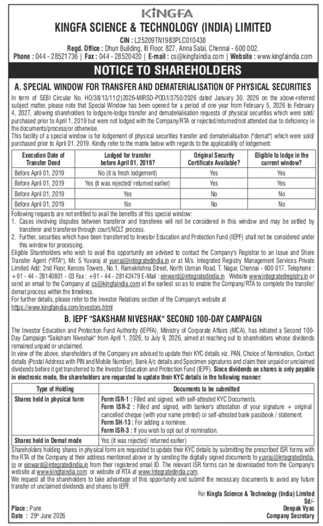 Kingfa Science & Technology (India) Limited – Notice to Shareholders