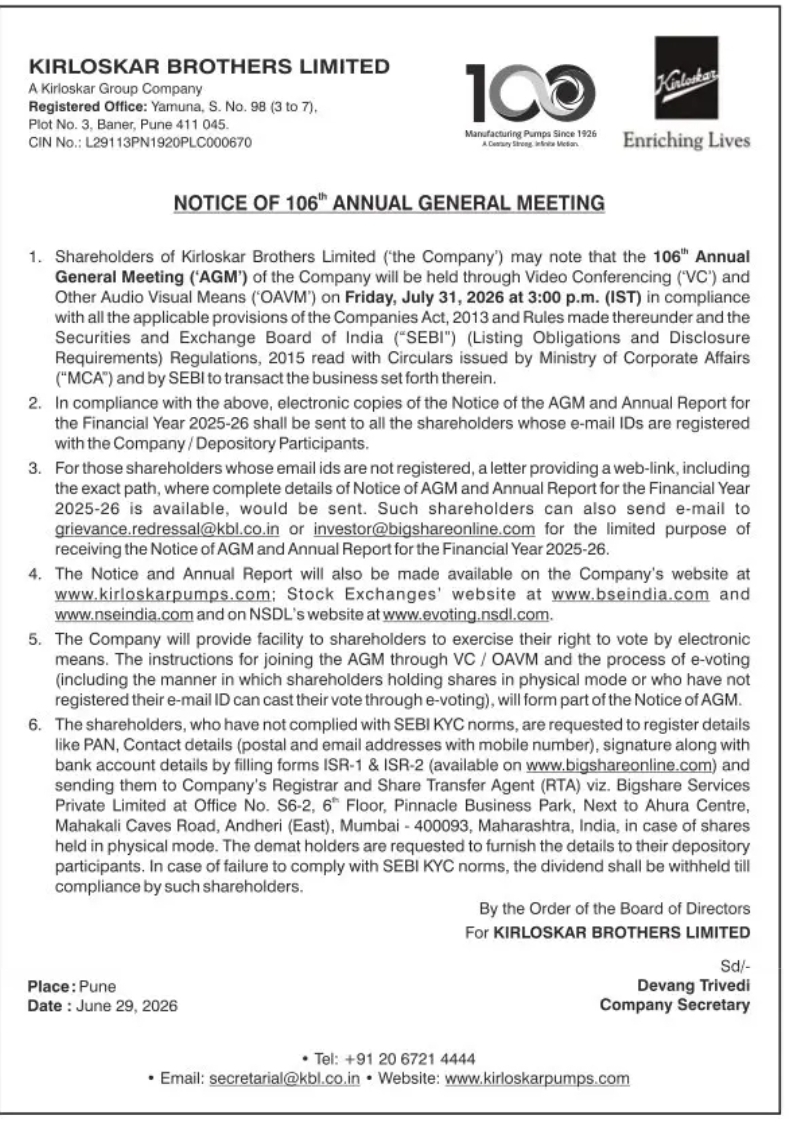 Kirloskar Brothers Limited – Notice of 106th Annual General Meeting
