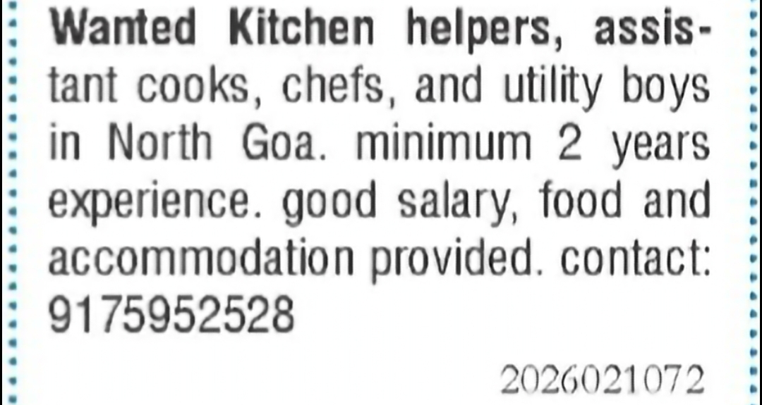 Kitchen Helpers, Assistant Cooks, Chefs & Utility Boys