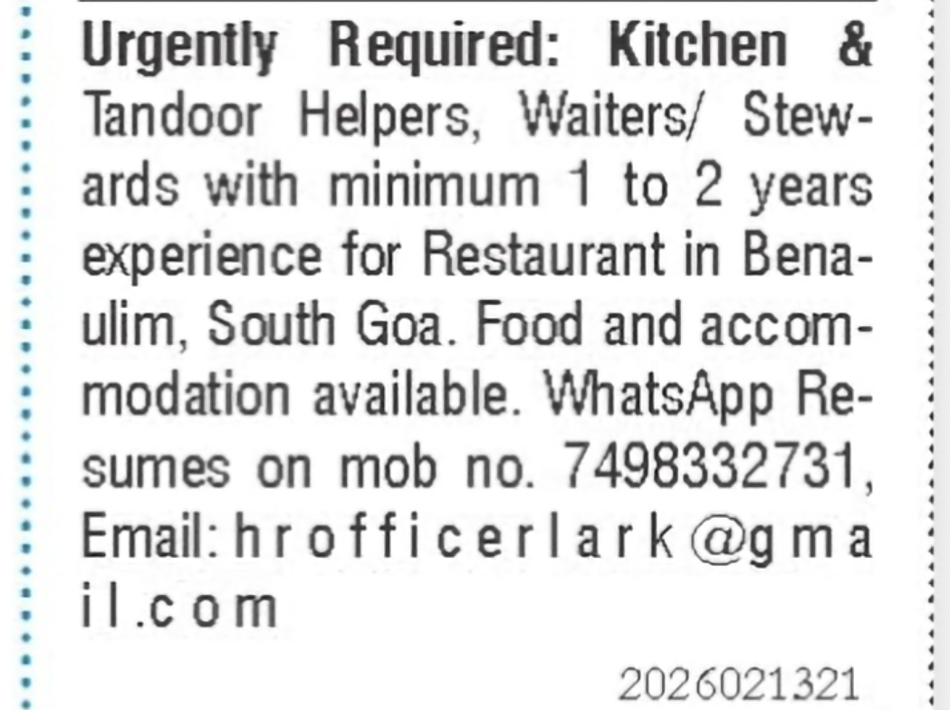 Kitchen & Tandoor Helpers, Waiters/Stewards – Benaulim, South Goa