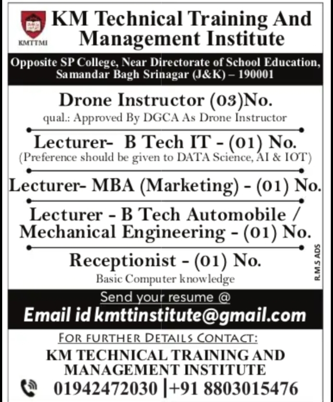 KM Technical Training and Management Institute Recruitment 2026 | Jammu & Kashmir