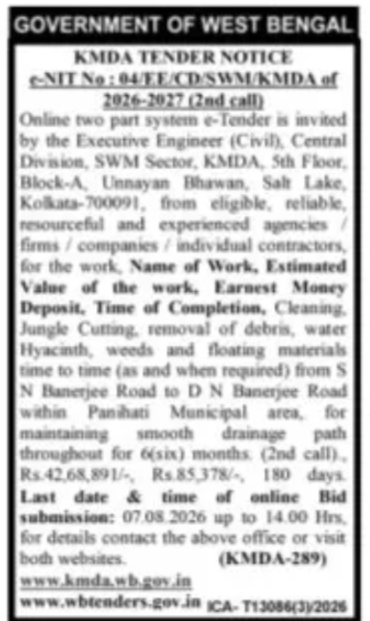 KMDA E-Tender – Cleaning and Jungle Cutting Work in Panihati Municipal Area