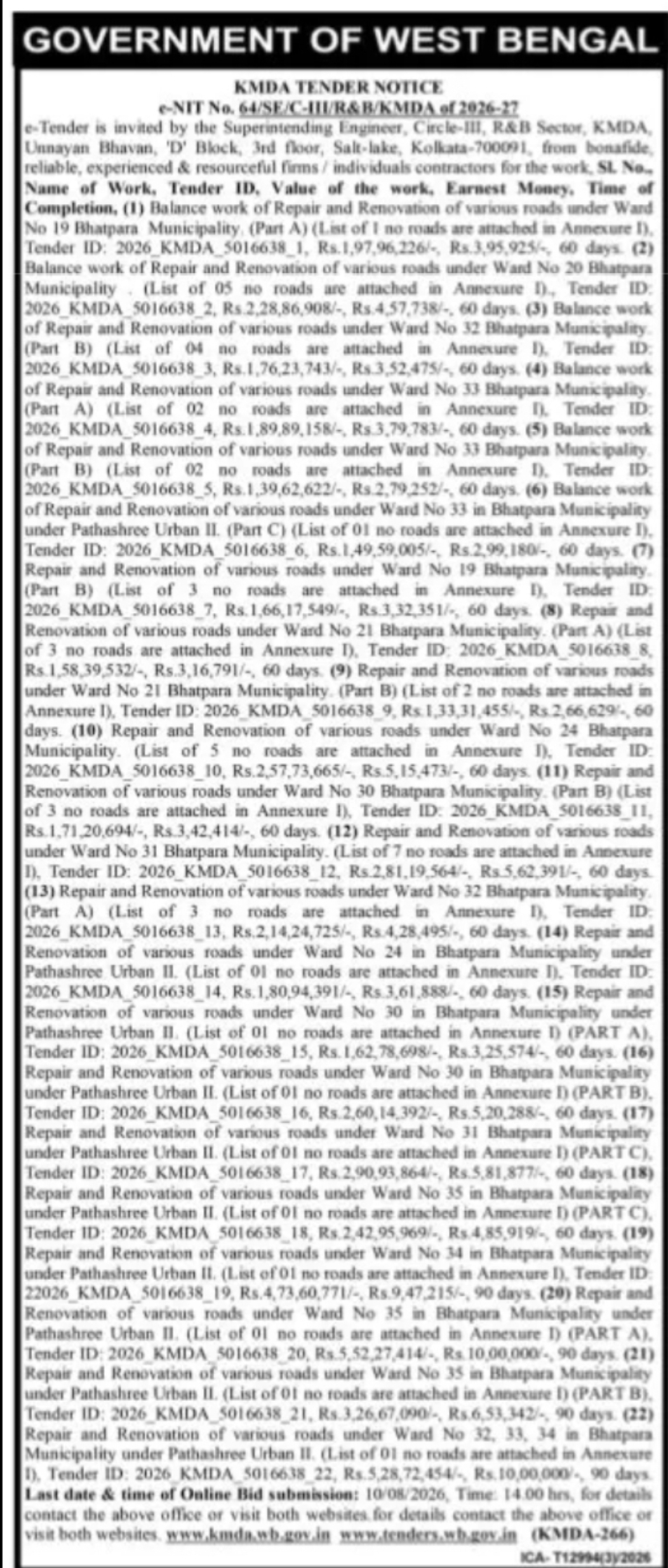KMDA e-Tender Notice – Road Repair and Renovation Works in Bhatpara Municipality