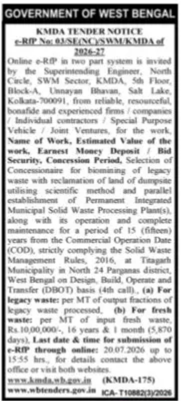 KMDA Invites e-RFP for Biomining and Integrated Solid Waste Processing Plant at Titagarh Municipality