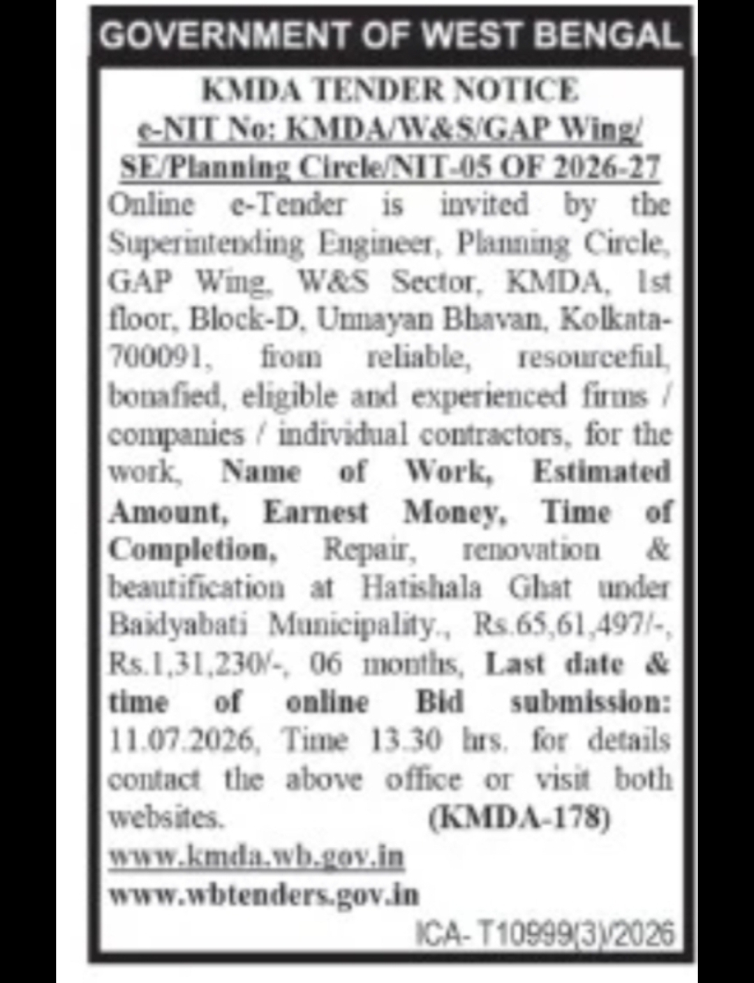 KMDA Invites e-Tender for Repair, Renovation & Beautification Work at Hatishala Ghat