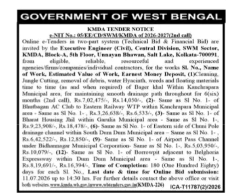 KMDA Invites Online e-Tender for Cleaning and Drainage Maintenance Works in West Bengal