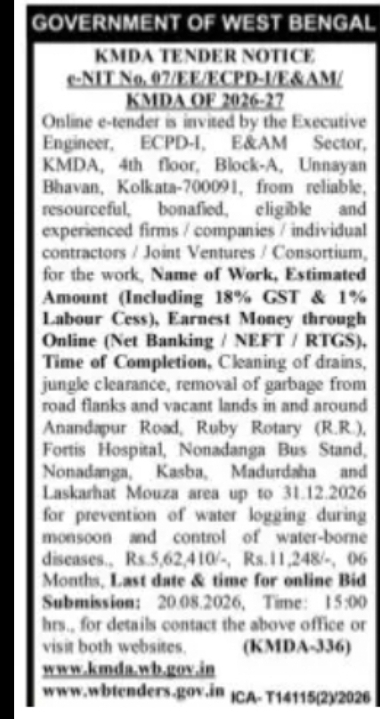 KMDA Invites Tender for Drain Cleaning and Jungle Clearance in Kolkata