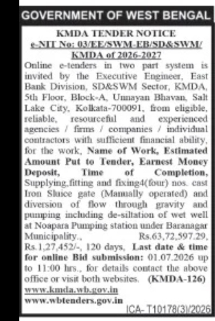 KMDA Tender Notice – Baranagar Pumping Station Work